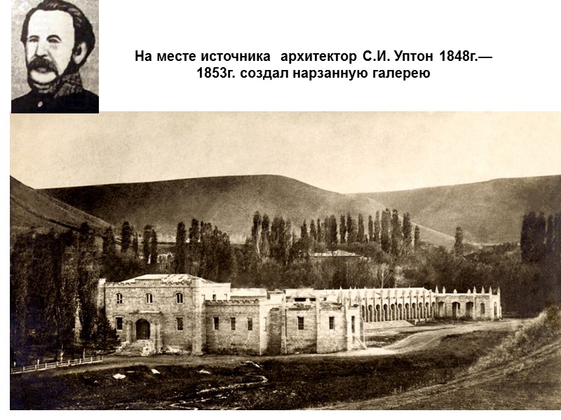 На месте источника  архитектор С.И. Уптон 1848г.—1853г. создал нарзанную галерею